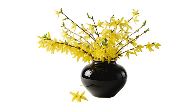 Bright yellow forsythia blooms burst from a black ceramic vase on a black background