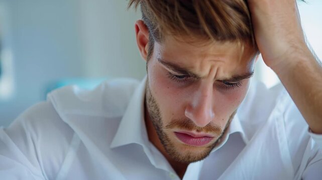 Frustration and strain: The close-up captures a person, displaying visible signs of worry and stress, capturing an intense moment of mental strain.