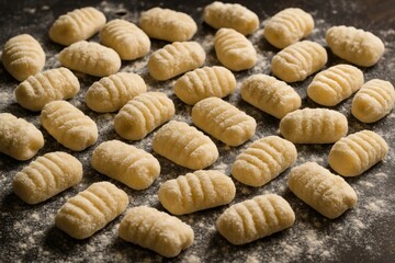 Close-up of uncooked, homemade potato gnocchi covered in flour on a dark surface, perfect for rustic Italian food and recipe content, promoting fresh ingredients.