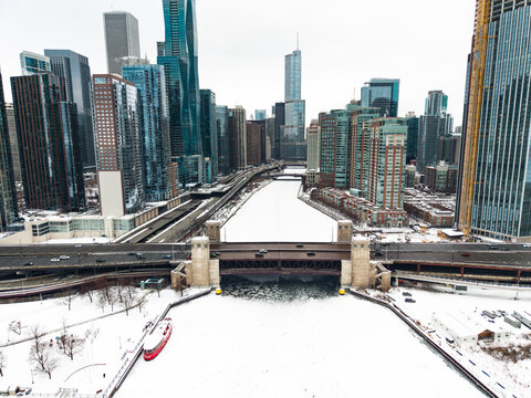 Chicago River frozen in winter