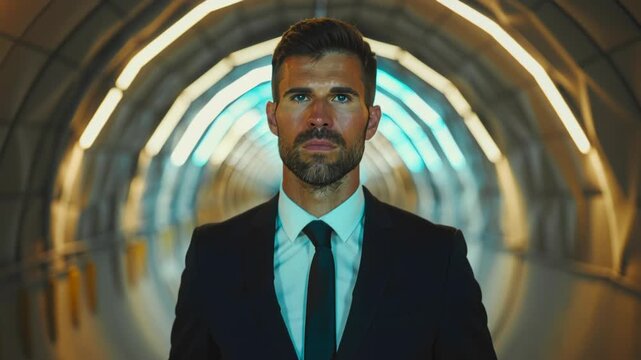 Confident Professional in Tunnel: A sharply dressed professional stands confidently in a modern tunnel, conveying a sense of purpose and determination, set against the backdrop of a sleek.