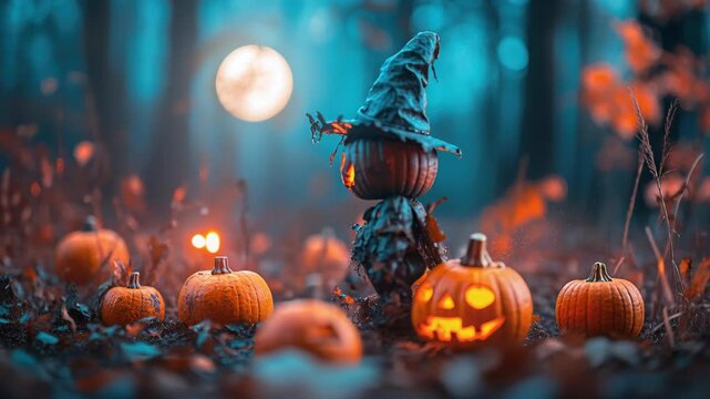 Spooky pumpkin in the woods at night: A whimsical Halloween scene unfolds in a moonlit forest, where a carved pumpkin character stands watch among glowing jack-o'-lanterns.