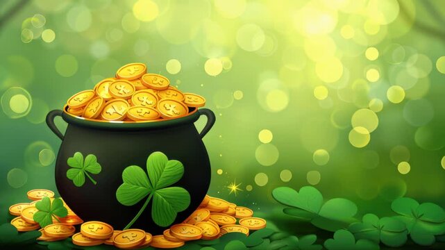 Pot of Gold in Greenery: A pot overflowing with gold coins sits amid a scene of vibrant green, accented by lucky shamrocks and soft bokeh. a promise of fortune and good luck. 