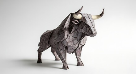 Fototapeta premium grey bull sculpture made of metal plates standing on white surface