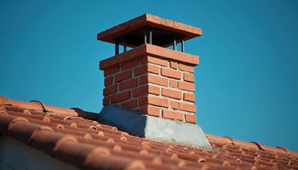 Naklejka premium Brick chimney on tiled roof against bright blue sky. Close up on building structure with clear sunny weather. House exterior detail on a warm day.