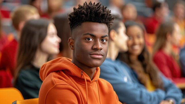 Focused Student Amidst Audience: A young, attentive student in an orange hoodie gazes with determination amidst a crowd of peers in a lecture hall setting.