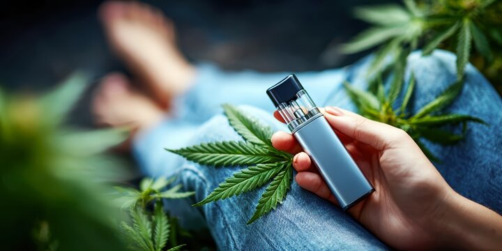 Vape pen in hand with cozy interior and plant background