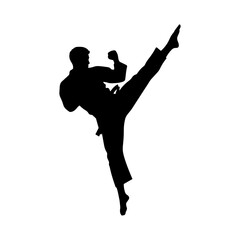 Male performing karate high kick silhouette vector illustration