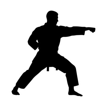 Male performing karate seiken zuki punch silhouette vector illustration