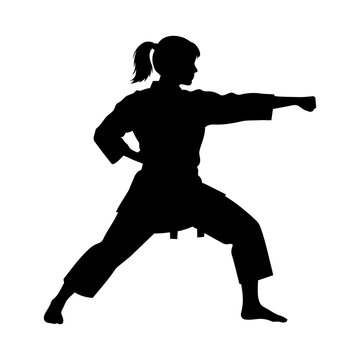 Woman performing karate seiken zuki punch silhouette vector illustration