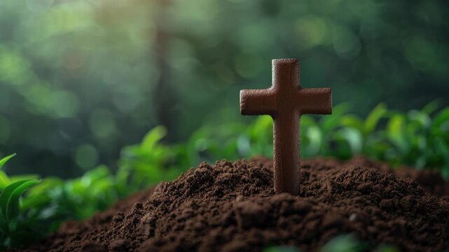 Cross in Nature's Embrace: A solitary wooden cross stands tall amidst lush green foliage and rich brown earth, conveying a message of faith and tranquility, bathed in gentle sunlight. 
