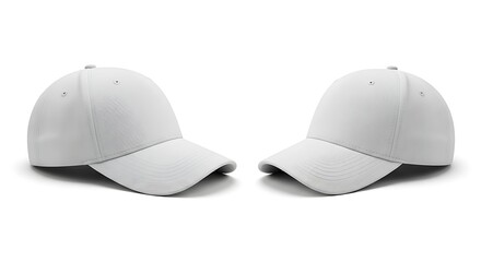 Fototapeta premium Two blank baseball caps mockup side by side isolated on white background, clean apparel template for branding, logo design, and merchandise presentation.