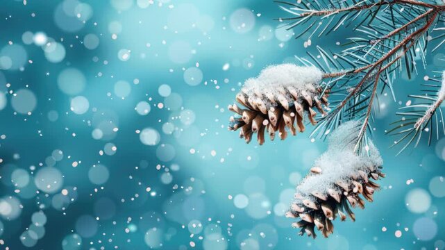Winter's Embrace: A close-up shot of frosted pine cones and delicate evergreen branches against a soft, dreamy backdrop of falling snow, capturing the serene beauty of winter.