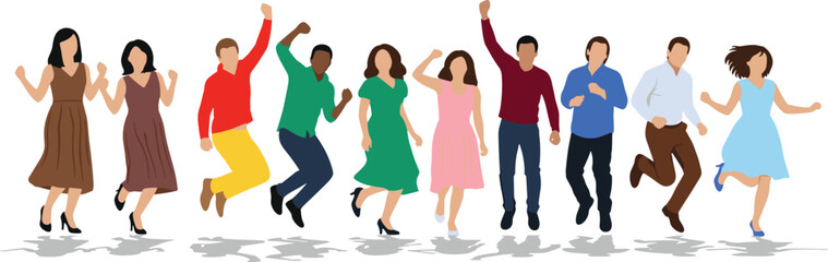 Obraz premium Set of diverse people silhouettes jumping and dancing together in colorful clothes isolated on white background for success celebration community and party design projects.