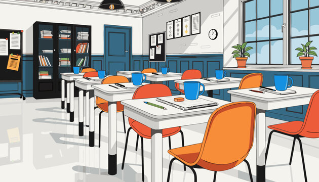 Very beautiful high school classroom rendered in realistic three dimensional style, featuring glossy white floors, aligned desks, and a refined academic environment prepared for students.