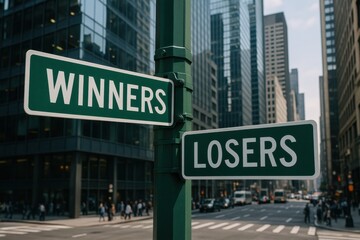 Street signs reading 'WINNERS' and 'LOSERS' on a bustling city street, symbolizing choice, destiny, and contrasting outcomes. Ideal for business, success, or decision-making themes.