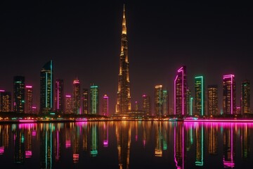Obraz premium A breathtaking night shot of Dubai's futuristic skyline, featuring the iconic Burj Khalifa and vibrant neon lights reflecting on water. Perfect for travel, luxury, or technology themes.