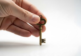 Hand holding a bronze antique key on white