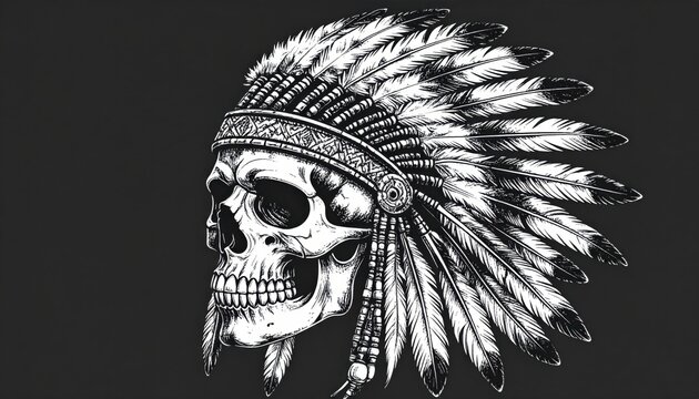 Black and white of a skull wearing a Native American headdress with feathers and beads on a dark background