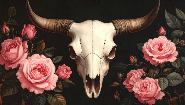 Bull skull with pink roses and green leaves on black background horns