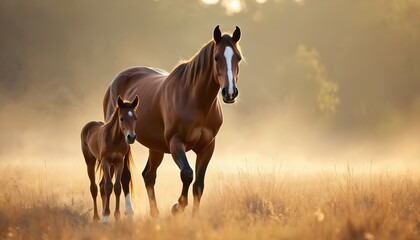 Fototapeta premium Brown mare and foal walk in foggy field at dawn. Soft sunbeams illuminate grass and trees. Gentle animals show strong bond in nature. Peaceful morning farm scene.