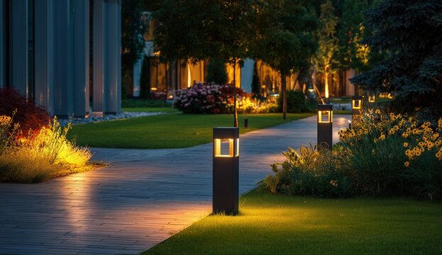 a landscape lit by outdoor lights in the evening, showcasing beautiful garden lighting for lawn and landscaping design with green grass, plants, trees, flowers, and bollard lamps Generative AI