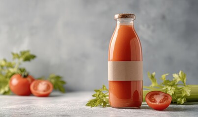 A glass bottle of tomato juice with a label on it