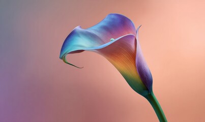 Fototapeta premium Studio image of a calla lily on long smooth stem, interior petal surface transitioning through rainbow hues