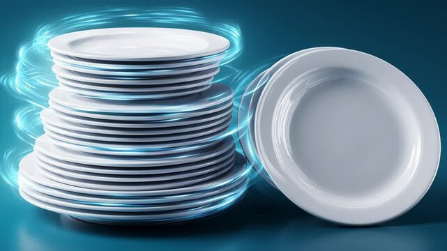 Stack of white ceramic plates spinning with motion blur, one plate is being removed from the top of the stack against a blue background