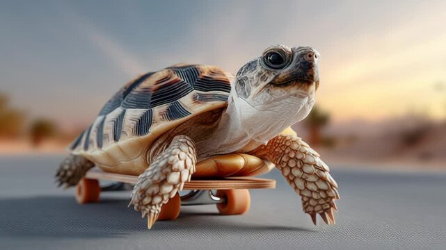 Tortoise on skateboard moves across a smooth surface in a desert landscape, showcasing its unique shell patterns and playful demeanor under warm sunlight