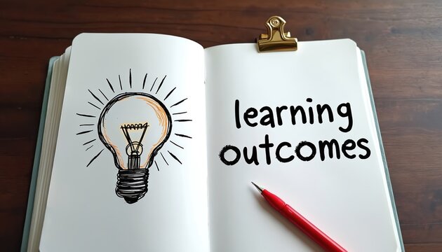 Open notebook displays lightbulb drawing on left page. Right page shows learning outcomes text. Red pen rests on white paper over wood background.