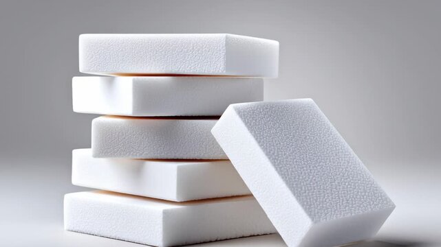 Stack of white cleaning sponges arranged in a staggered formation, showcasing texture and shape against a smooth gray background with soft lighting