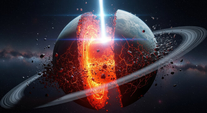 Exploding planet space cosmic destruction glowing planet core asteroid ring debris space explosion energy beam cracked planet surface sci fi space interstellar background cosmic disaster outer