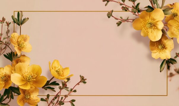 Warm ivory pink background with border of winter aconite
