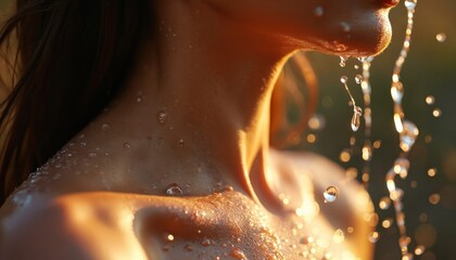 Woman neck chest with water droplets in golden light. Skin hydration moisture, clean fresh body. Female torso bathing liquid, pure serum, clear drip. Beauty wellness treatment.
