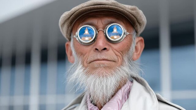 Elderly Asian man with white beard and round sunglasses reflects modern architecture in glasses, wearing a beige cap and light jacket, standing outdoors in urban setting