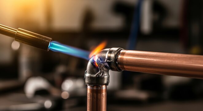 Close up view of a plumber expertly using a high-intensity torch flame to solder a copper pipe elbow joint demonstrating crucial pipe fitting techniques for durable water systems installation and repa