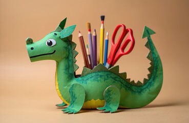 Fototapeta premium Children craft project green dragon holder for pencils and scissors. Homemade toy organizer with art supplies. Kids DIY dragon craft fun activity for school or home.