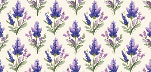 Watercolor seamless pattern of purple lavender flowers. Delicate botanical illustration creates soft, elegant, feminine background for various design projects. Floral print repeats for textiles.