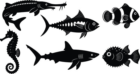 Marine life silhouette collection featuring shark, tuna, seahorse, clownfish, pufferfish and sturgeon isolated on white background for ocean wildlife vector design © Shariyar Pantho