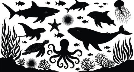 Ocean marine life silhouette collection featuring shark, whale, dolphin, turtle, octopus and coral reef isolated on white background for vector design © Shariyar Pantho