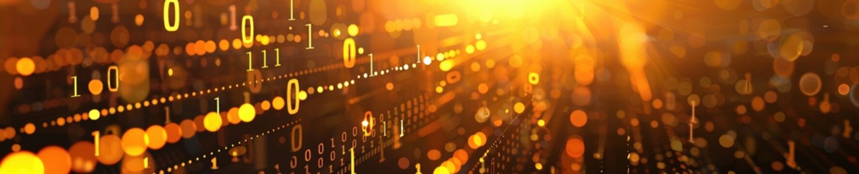 Abstract Golden Digital Binary Code Background with Matrix Data Stream, Glowing Bokeh Lights, and Futuristic Technology Concept Banner.