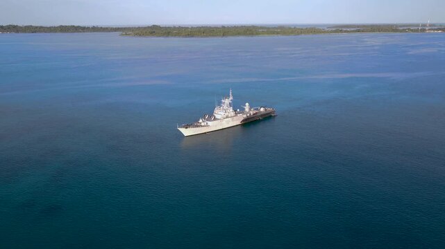 Aerial Drone View of Indonesian Navy Warship at Sea