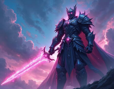Dark knight in full armor holds glowing pink sword. Epic fantasy warrior stands on rocky terrain against dramatic pink sky. Powerful hero ready for battle, wielding magic weapon. Mysterious