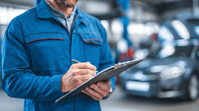 Mechanic writing on clipboard in auto repair shop