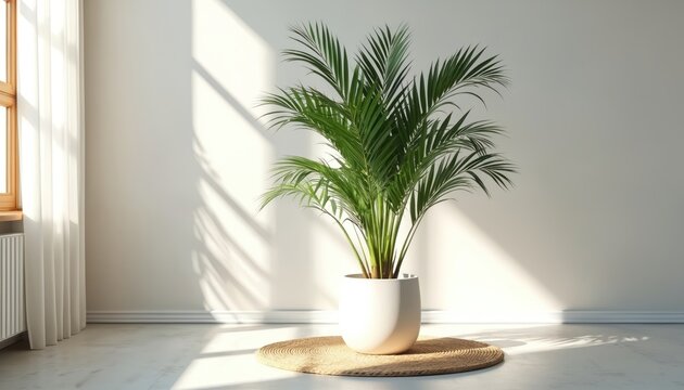 Green parlor palm plant in white pot. Bright room with sunlight through window. Minimalist home decor, healthy indoor flora. Natural light shines on leaves, clean white wall background.