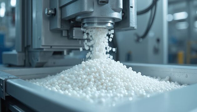 White plastic pellets pour from machine into bin. Industrial factory process using polymer material for manufacturing. Modern production line for goods.