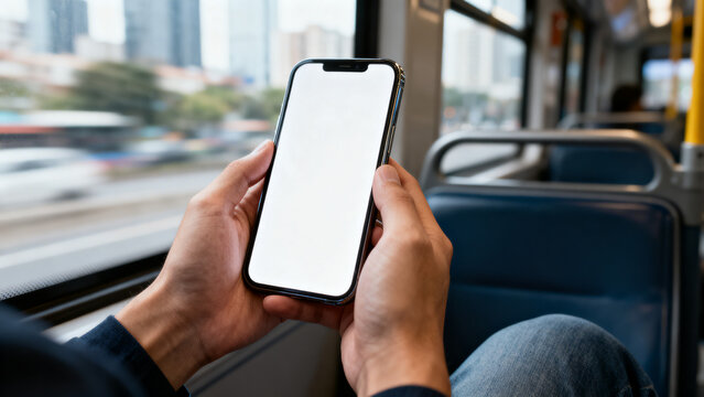 Passenger in Car Holding Smartphone with Blank Screen Mockup