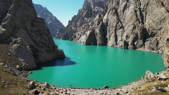 aerial View on Kol-suu lake in Naryn Region Kyrgzstan