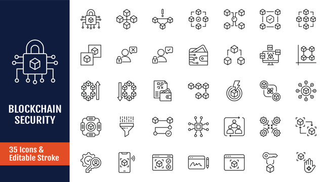 Blockchain security icon set. Icons related to cryptography, encryption, decentralization, hash function and more. Outline icon with Editable stroke. Vector illustration